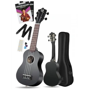 Siyah Soprano Ukulele Seti, Gül Ağacı Detaylar ile Zengin Ses
