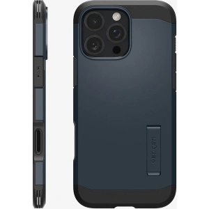 Spigen iPhone 16 Pro ile Uyumlu Ekstra Dayanıklı MagSafe Kılıf Tough Armor Ai T Force Kamera Butonu Hava Kanalı Teknolojisi™ Askeri Sınıf Koruma KickStandlı Metal Slate Çift Katman Kapak - ACS08511