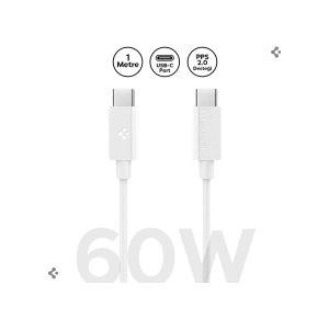 Spigen USB-C to USB-C 1 Metre Kablo 60W Güç / PPS 2.0 Desteği Super Hızlı Şarj / 480 Mbps Data Aktarım Hızı Type-C Ekstra Dayanıklı White - ACA08717