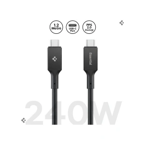 Spigen USB-C to USB-C 1.2 Metre Kablo 240W Güç / PPS 2.0 Desteği Super Hızlı Şarj / 40Gbps (E-Marker Çip) Data Aktarım Hızı / 8K Görüntü Aktarım / PD USB4 Gen3 Type-C Ekstra Dayanıklı Black - ACA09461