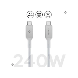 Spigen USB-C to USB-C 1.2 Metre Kablo 240W Güç / PPS 2.0 Desteği Super Hızlı Şarj / 40Gbps (E-Marker Çip) Data Aktarım Hızı / 8K Görüntü Aktarım / PD USB4 Gen3 Type-C Ekstra Dayanıklı White - ACA08776