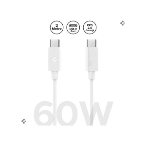 Spigen USB-C to USB-C 2 Metre Kablo 60W Güç / PPS 2.0 Desteği Super Hızlı Şarj / 480 Mbps Data Aktarım Hızı Type-C Ekstra Dayanıklı White - ACA08719