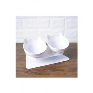 Standlı Kedi Kafalı Mama Kabı - 2li Set, Beyaz