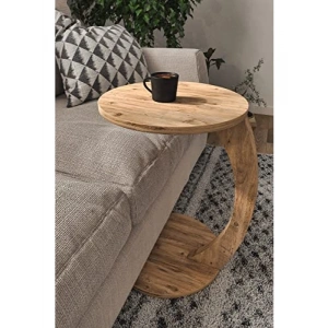 Tekerlekli C Şeklinde Modern Koltuk Sehpası - Atlantik Çam