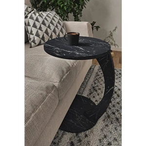 Tekerlekli C Şeklinde Yan Sehpa - Siyah Mermer Desen