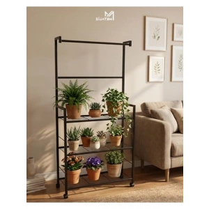 Tekerlekli Metal Saksı Standı, 3 Raflı Portatif Çiçek Rafı