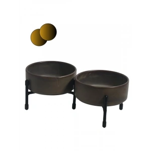 Toprak renkli metal ayaklı çift taraflı seramik mama ve su kapları
