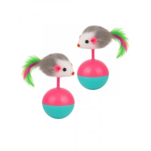 Tüylü Fareli Denge Topu - 2li Kedi Oyuncağı Seti, Devrilmez Taban, Renkli