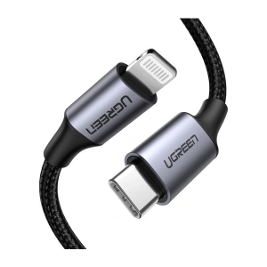 UGREEN USB-C - Lightning 3A PD MFi Sertifikalı Örgülü Hızlı Şarj Kablosu, 1 m, Siyah, 60759