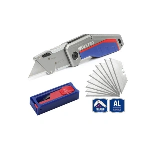Workpro WP211012 Ağır Hizmet Alüminyum Gövde Katlanır Rötuş Maket Bıçağı + 10 Adet Yedek Bıçak