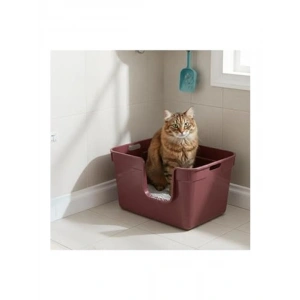 Yarı Açık Bordo Kedi Tuvaleti 54x40x32 cm, Rahat Kullanım