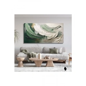 Yeşil Soyut Fırça Darbeleri Panoramik Kanvas Tablo, 140 x 70 cm