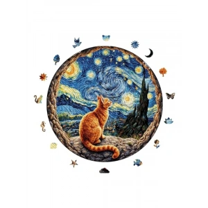 Yıldızlı Gecenin Altındaki Kedi Ahşap Puzzle - 252 Parça, 29 x 29 cm