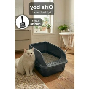 Yüksek Kenarlı Açık Kedi Tuvaleti, 52x37x23 cm, Kum Küreği Hediyeli