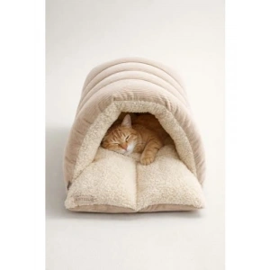 Yumuşak Peluş Kedi Yatağı Kadife Kumaş - Bej