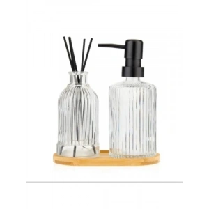Zarif Cam Sabunluk ve Difüzör Seti - 2li Bambu Tabanlı Modern Tasarım