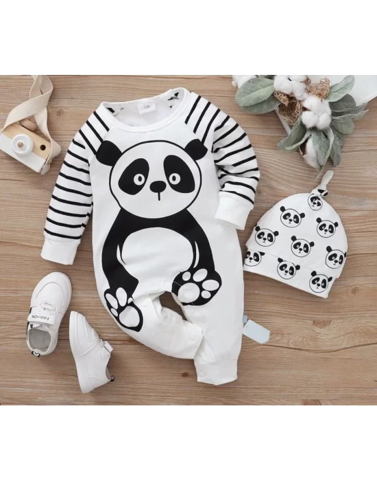 3-6-9-12 Ay Panda Baskılı Kuyruklu Şapkalı Uzun Kollu Kız Erkek Bebek Tulumu