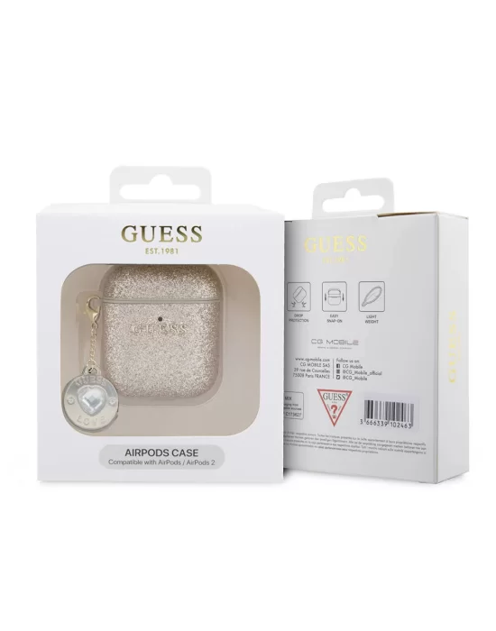 Apple Airpods Kılıf Guess Orjinal Lisanslı Glitter Elmas Kalp Süs Zincirli Kapak