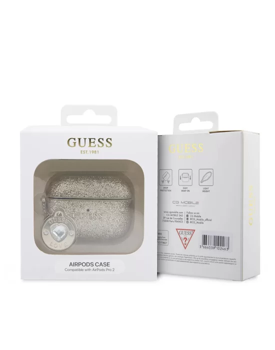 Apple Airpods Pro 2 Kılıf Guess Orjinal Lisanslı Glitter Elmas Kalp Süs Zincirli Kapak