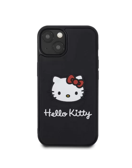 Apple iPhone 15 Kılıf Hello Kitty Orjinal Lisanslı Yazı ve İkonik Logolu 3D Rubber Kitty Head Kapak