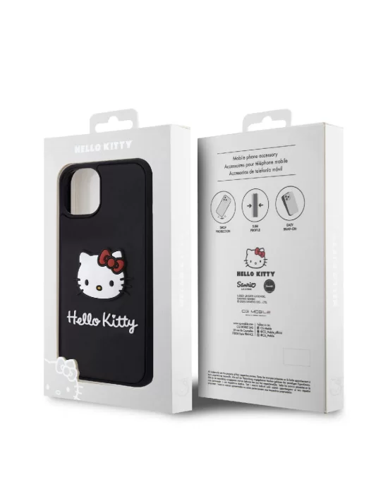 Apple iPhone 15 Kılıf Hello Kitty Orjinal Lisanslı Yazı ve İkonik Logolu 3D Rubber Kitty Head Kapak