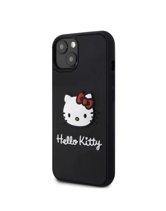 Apple iPhone 15 Kılıf Hello Kitty Orjinal Lisanslı Yazı ve İkonik Logolu 3D Rubber Kitty Head Kapak