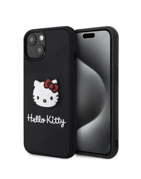 Apple iPhone 15 Kılıf Hello Kitty Orjinal Lisanslı Yazı ve İkonik Logolu 3D Rubber Kitty Head Kapak