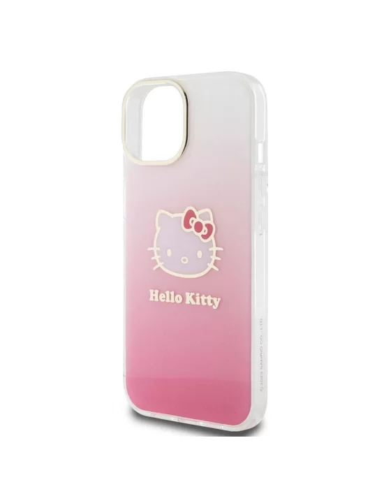 Apple iPhone 15 Kılıf Hello Kitty Orjinal Lisanslı Yazı ve İkonik Logolu Elektroplating Kaplama Gradyan Kapak