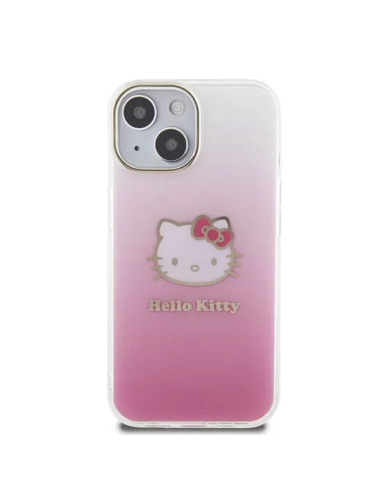 Apple iPhone 15 Kılıf Hello Kitty Orjinal Lisanslı Yazı ve İkonik Logolu Elektroplating Kaplama Gradyan Kapak