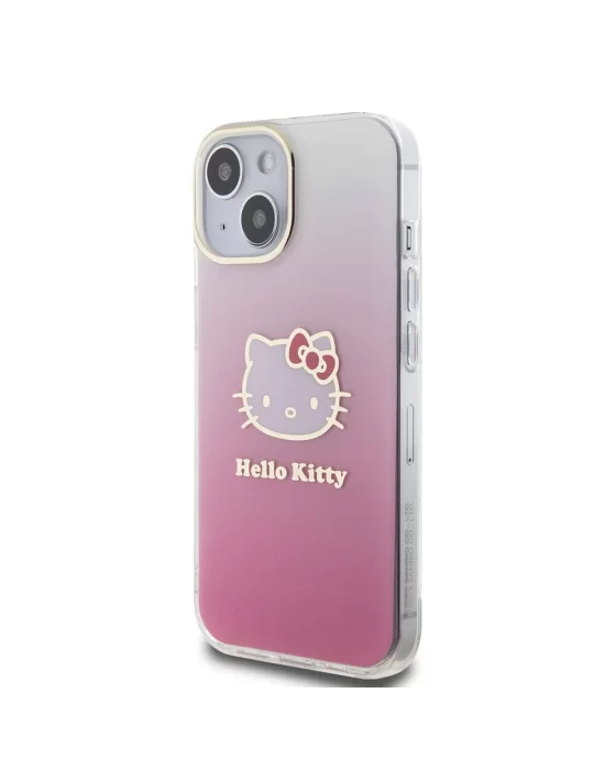 Apple iPhone 15 Kılıf Hello Kitty Orjinal Lisanslı Yazı ve İkonik Logolu Elektroplating Kaplama Gradyan Kapak