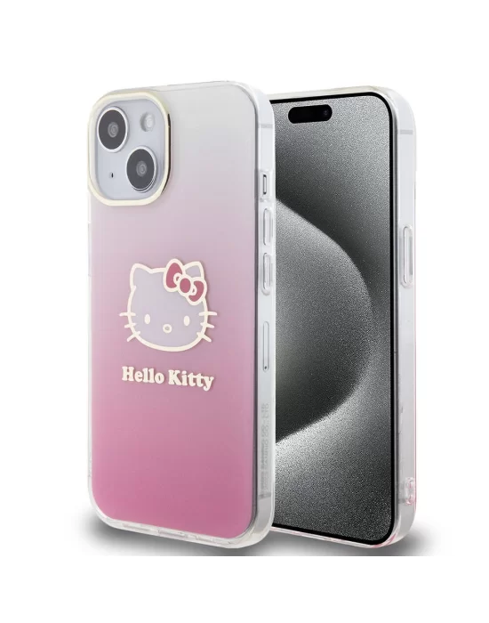 Apple iPhone 15 Kılıf Hello Kitty Orjinal Lisanslı Yazı ve İkonik Logolu Elektroplating Kaplama Gradyan Kapak