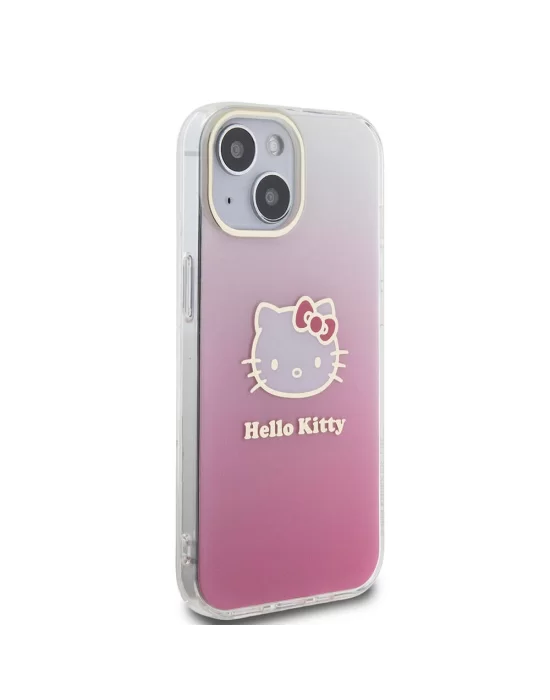 Apple iPhone 15 Kılıf Hello Kitty Orjinal Lisanslı Yazı ve İkonik Logolu Elektroplating Kaplama Gradyan Kapak