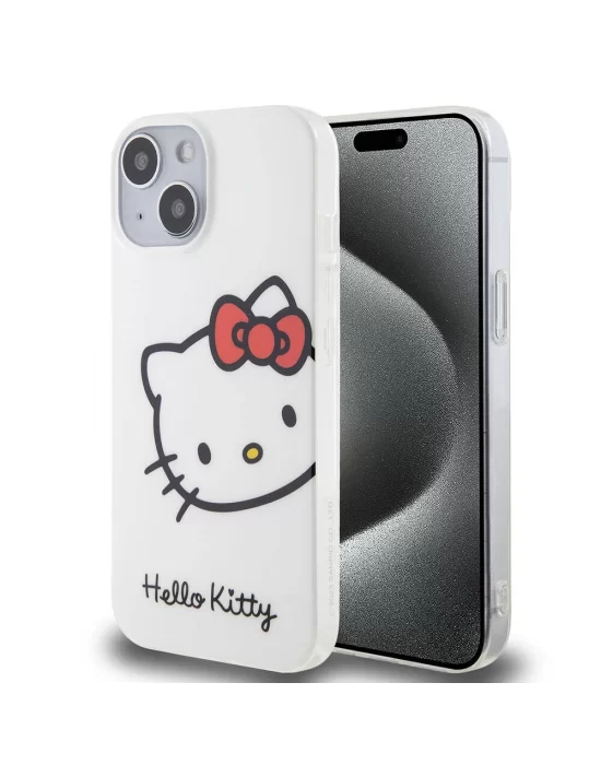 Apple iPhone 15 Kılıf Hello Kitty Orjinal Lisanslı Yazı ve İkonik Logolu Kitty Head Kapak