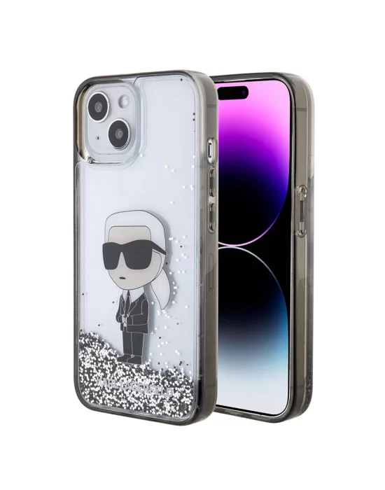 Apple iPhone 15 Plus Kılıf Karl Lagerfeld İkonik Sıvılı Glitter Orjinal Lisanslı Kapak