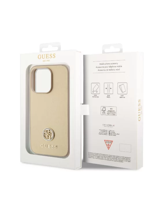 Apple iPhone 15 Pro Kılıf Guess Orjinal Lisanslı Deri 4G Metal Logo Strass Kapak