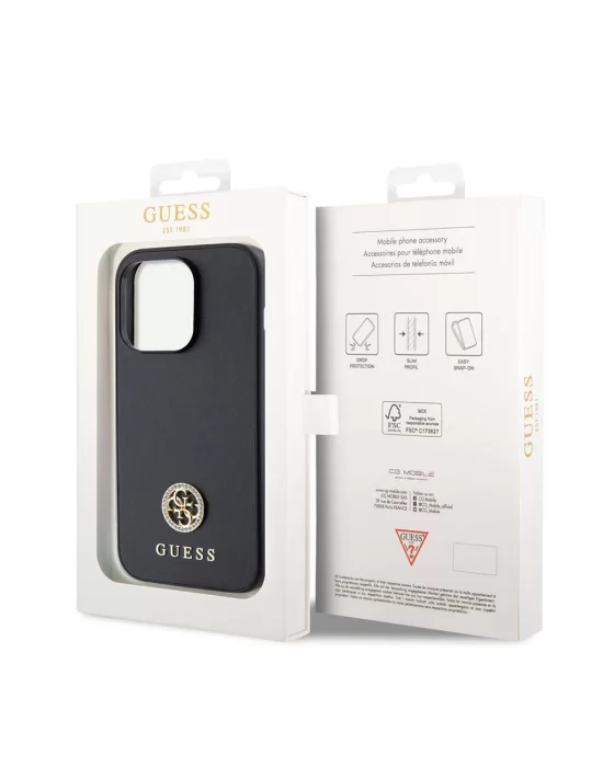 Apple iPhone 15 Pro Kılıf Guess Orjinal Lisanslı Deri 4G Metal Logo Strass Kapak