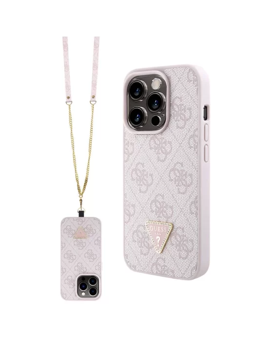 Apple iPhone 15 Pro Kılıf Guess Orjinal Lisanslı PU Deri Askılı Taşlı Üçgen Logo 4G Desenli Strass Crossbody Kapak