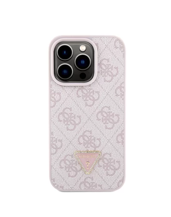 Apple iPhone 15 Pro Kılıf Guess Orjinal Lisanslı PU Deri Askılı Taşlı Üçgen Logo 4G Desenli Strass Crossbody Kapak