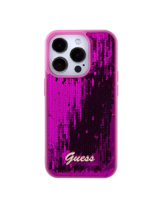 Apple iPhone 15 Pro Kılıf Guess Orjinal Lisanslı Pullu Arka Yüzey Metal Yazı Logolu Sequin Script Kapak