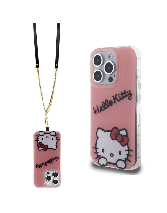 Apple iPhone 15 Pro Kılıf Hello Kitty Orjinal Lisanslı Askılı Yazı ve İkonik Logolu Daydreaming Kapak