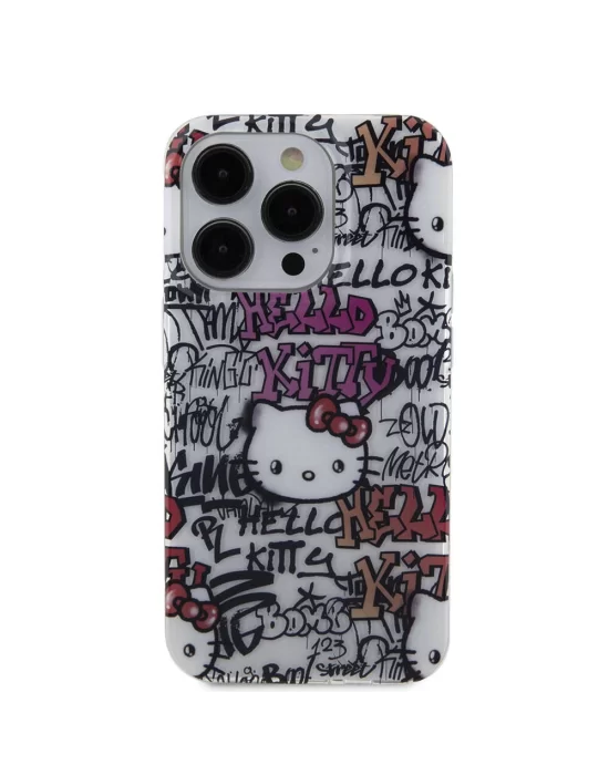 Apple iPhone 15 Pro Kılıf Hello Kitty Orjinal Lisanslı İkonik Logolu Etiket Graffiti Kapak