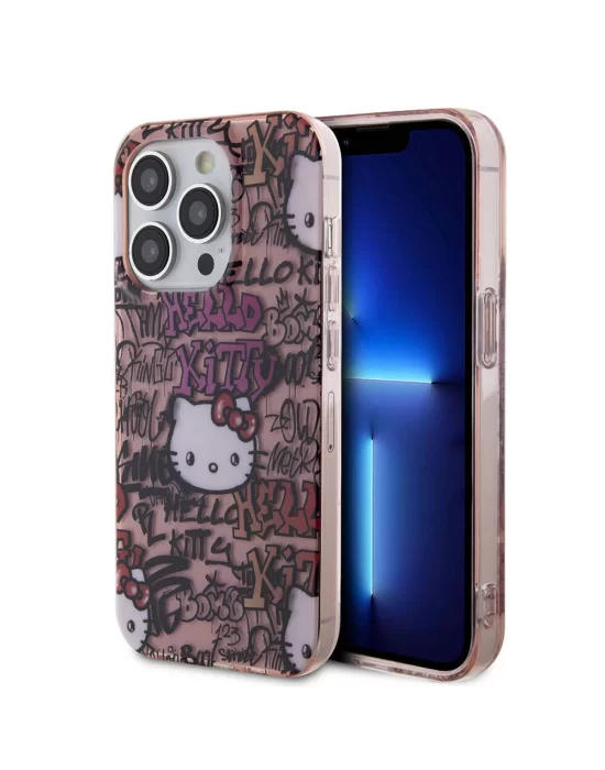 Apple iPhone 15 Pro Kılıf Hello Kitty Orjinal Lisanslı İkonik Logolu Etiket Graffiti Kapak