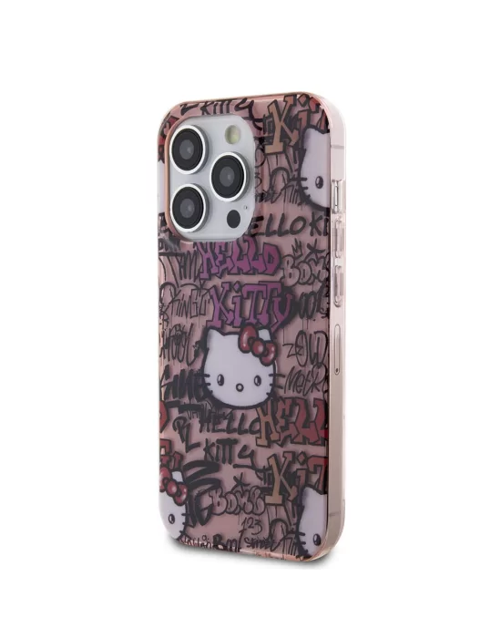 Apple iPhone 15 Pro Kılıf Hello Kitty Orjinal Lisanslı İkonik Logolu Etiket Graffiti Kapak