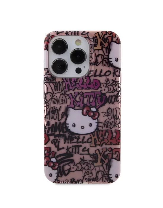 Apple iPhone 15 Pro Kılıf Hello Kitty Orjinal Lisanslı İkonik Logolu Etiket Graffiti Kapak