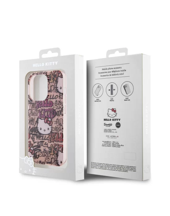 Apple iPhone 15 Pro Kılıf Hello Kitty Orjinal Lisanslı İkonik Logolu Etiket Graffiti Kapak