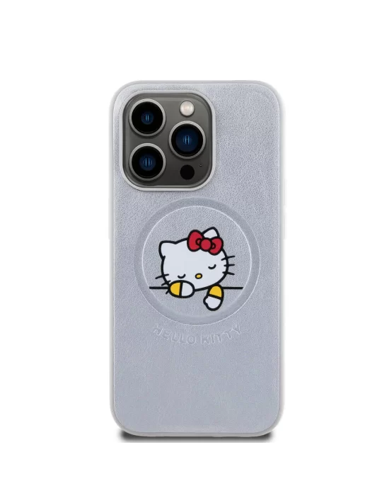 Apple iPhone 15 Pro Kılıf Hello Kitty Orjinal Lisanslı Magsafe Şarj Özellikli Baskı Logolu Uyuyan Kitty Deri Kapak