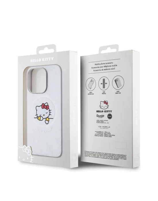 Apple iPhone 15 Pro Kılıf Hello Kitty Orjinal Lisanslı Magsafe Şarj Özellikli Baskı Logolu Uyuyan Kitty Deri Kapak