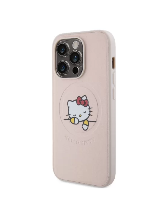 Apple iPhone 15 Pro Kılıf Hello Kitty Orjinal Lisanslı Magsafe Şarj Özellikli Baskı Logolu Uyuyan Kitty Deri Kapak