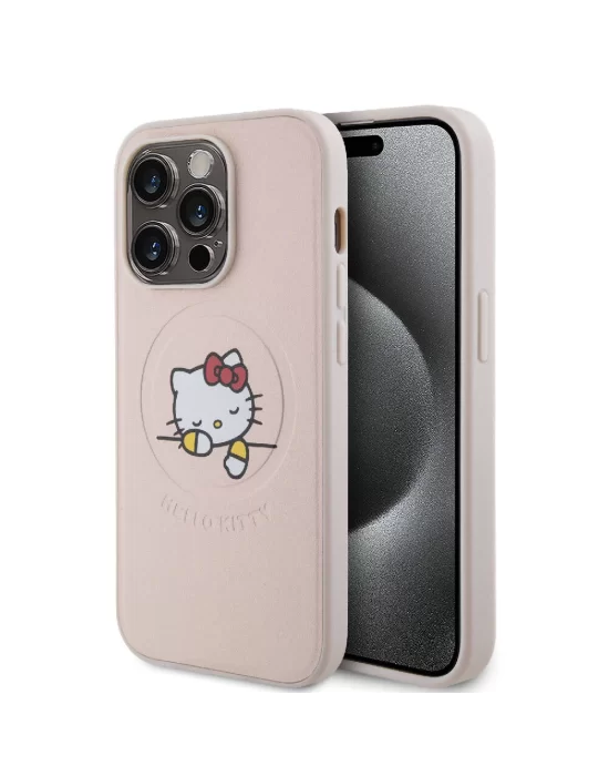 Apple iPhone 15 Pro Kılıf Hello Kitty Orjinal Lisanslı Magsafe Şarj Özellikli Baskı Logolu Uyuyan Kitty Deri Kapak