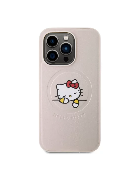 Apple iPhone 15 Pro Kılıf Hello Kitty Orjinal Lisanslı Magsafe Şarj Özellikli Baskı Logolu Uyuyan Kitty Deri Kapak